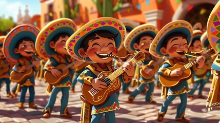 Wall Mural - Cartoon vector a marching band performing in a Mexico Independence Day parade