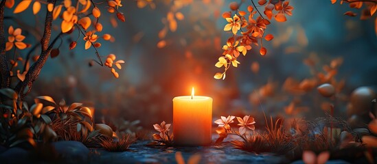 Poster - Autumn candle featuring orange leaves and blooms. with copy space image. Place for adding text or design