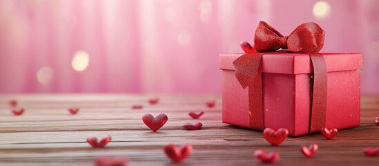 Aufkleber - New Year festival Valentine s Day decorations a red gift box on a wooden table with a pink background. with copy space image. Place for adding text or design