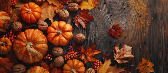 Poster - Thanksgiving or autumn holiday background top view copyspace Autumn holiday arrangement featuring pumpkins nuts and yellow leaves
