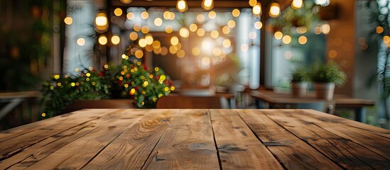 Aufkleber - Selected focus on an empty brown wooden table with a blurred background of a coffee shop or restaurant featuring bokeh effect suitable for your photomontage or product display. with copy space image
