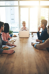 Poster - Discussion, laptop and business people in office for startup public relations project with career. Technology, collaboration and team of communications specialists in meeting for brand management.