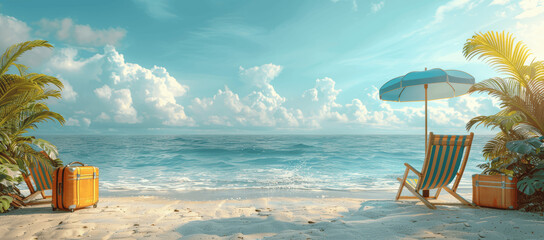 Beach Chairs and Blue Striped Umbrella with Luggage on Sand, 3D Illustration of Summer Vacation Concept