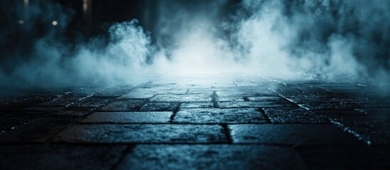 Aufkleber - Dramatic background of a nighttime street spotlight on the pavement smoke. with copy space image. Place for adding text or design