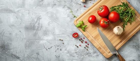 Bamboo kitchen cutting board set blank for copy space for text or food top view flat lay on a white stone table background