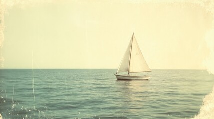  A vintage photograph of a lone sailboat on the ocean, the film camera capturing the serene scene with classic tones.