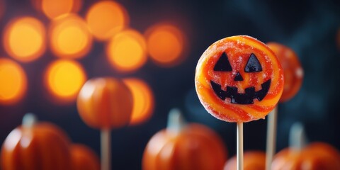 A festive Halloween scene featuring a smiling pumpkin lollipop amid glowing autumn pumpkins, perfect for seasonal celebrations.