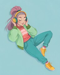 Wall Mural - Illustration of a beautiful young woman lying down listening to music with headphones.illustration in retro style.