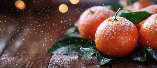 Poster - fresh ripe tangerines with leaves and sprinkles a wooden background decorated with artificial snow f