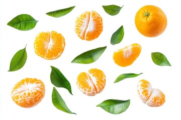 Wall Mural - A fresh organic fruit with high levels of vitamins and minerals, oranges falling or floating in the air with green leaves isolated on a white background.