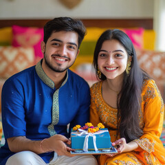 Indian brother and sister celebrating Raksha Bandhan