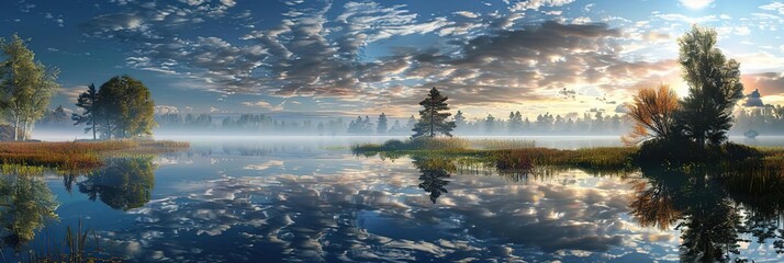 Poster - Scenic Lake Reflections in a Misty Autumn Forest - Illustration