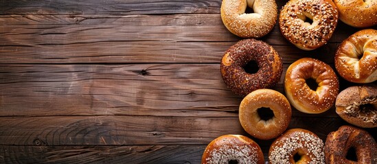 Aufkleber - A stack of bagels spread across the dark wooden table Top view Numerous bagels on a dark background Copyspace for your text