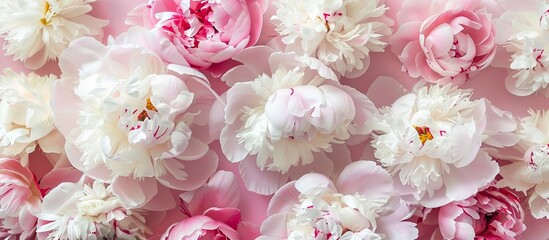 Poster - A creative arrangement of white and pink peony flowers set against a pastel background Copyspace Top view Nature theme