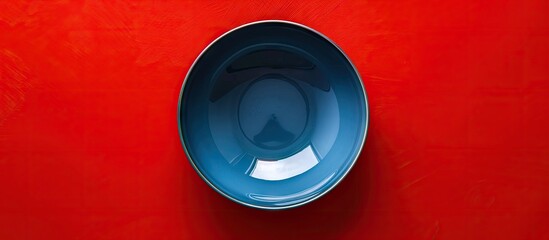 Wall Mural - Top view of a blue empty bowl against a red background. with copy space image. Place for adding text or design