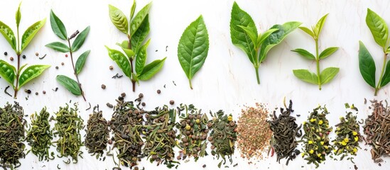 Aufkleber - Dried green tea leaves on a bright background Bird s eye view Copyspace