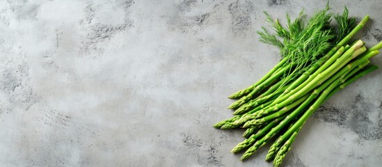 Leinwandbilder - Fresh green raw asparagus on a concrete surface A top view of a bunch of fresh asparagus on a gray concrete background. with copy space image. Place for adding text or design