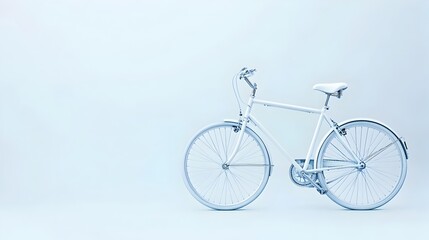 Minimalist modern white bicycle with clean minimalist lines against a plain white background leaving ample copyspace on the right side for text overlay or graphic elements