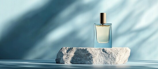 Poster - Elegant display of luxury men s perfume on stone with a light blue background Area for text. with copy space image. Place for adding text or design