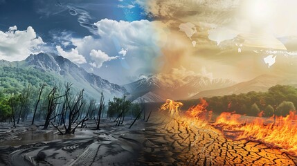 image depicting the effects of climate change with extreme weather events including wildfires and fl