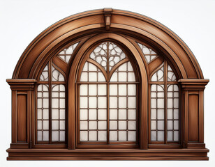 Sticker - 3D illustration of a textured, classic arched window made of dark wood, rendered realistically and isolated on a white background.