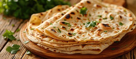 Poster - Delicious thin lavash on a green wooden background. with copy space image. Place for adding text or design