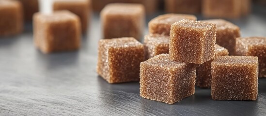Poster - Close up of brown sugar cubes on a grey table. with copy space image. Place for adding text or design