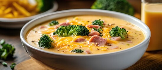 Aufkleber - Creamy broccoli cheese soup with fried ham cubes in a white bowl Suitable for a ketogenic low carb diet. with copy space image. Place for adding text or design