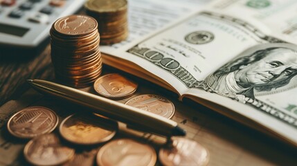 Aufkleber - A stack of cash and coins rests next to an open notebook filled with financial notes and calculations for effective budgeting and planning. Generative AI
