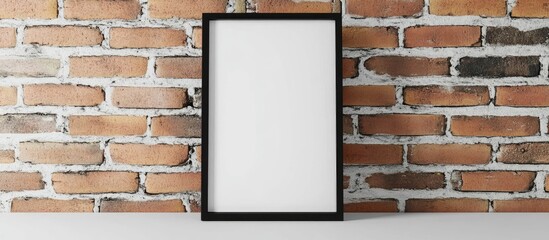 Sticker - Black cardboard photo frame on a white table in front of a brick wall Mockup against a brick backdrop Mockup. with copy space image. Place for adding text or design