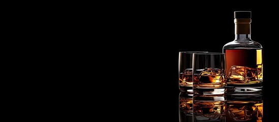 Aufkleber - American bourbon whiskey in glasses and a bottle black background with copyspace