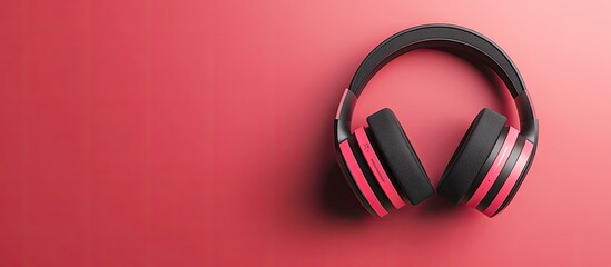 Poster - Wireless black and red headphones on a pink background Top view Copyspace for text