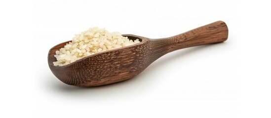 Aufkleber - Wooden scoop and a mound of long parboiled rice isolated on a white background Copy space High resolution product Healthy food idea