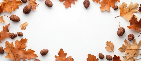 Wall Mural - Round frame wreath crafted from dried oak leaves and acorns on a white background with empty copy space Flat lay top view mockup