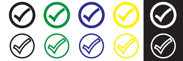 Wall Mural - five color tick. green, white, yellow, blue, and black check mark. tick symbol, icon, sign in green,