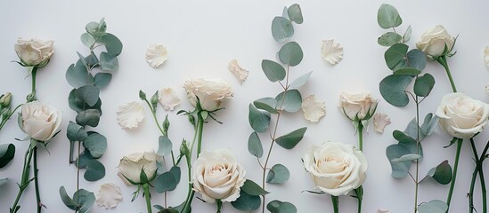 Poster - Flat lay arrangement of flowers Dried rose blooms and eucalyptus sprigs on a white background from a top view with copy space Floral backdrop Design element for a greeting card