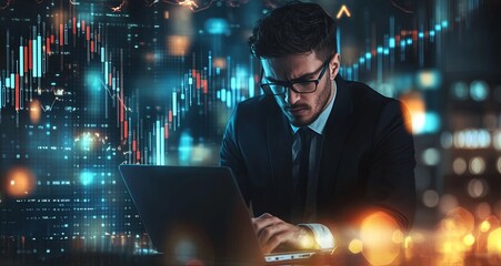 Wall Mural - Design a high-quality image of a businessman focused on his laptop, with a background that includes a graph and arrows showing market decline. Ensure there is ample copy space for versatile usage.