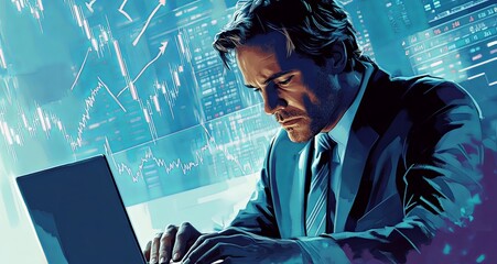 Wall Mural - Design a high-quality image of a businessman focused on his laptop, with a background that includes a graph and arrows showing market decline. Ensure there is ample copy space for versatile usage.
