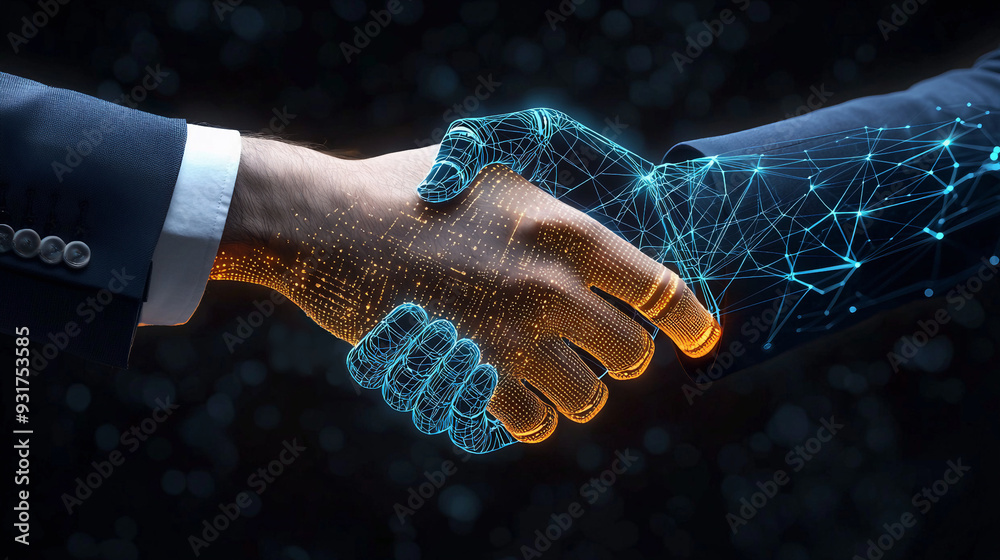 Two hands shaking, one digital robot and the other human, with glowing ...