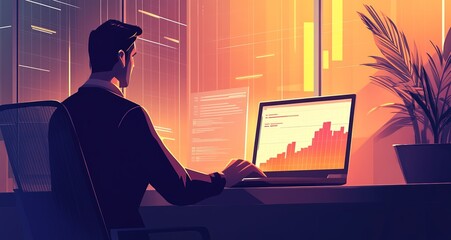 Wall Mural - Show a businessman in a sleek office environment, working on a laptop with a large display featuring a market graph in decline. Make sure the composition includes enough empty space around the main