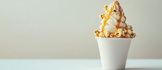 Fototapete - Ice cream topped with caramel and popcorn on a white table against a white background. with copy space image. Place for adding text or design