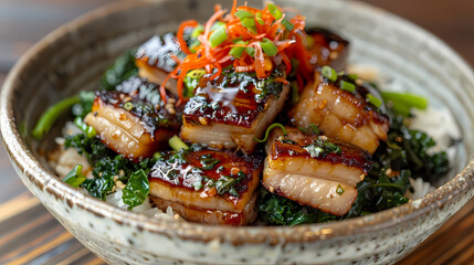 A dish of crispy pork belly stir-fried with fresh Chinese kale , served over steamed rice and accompanied by a savory sauce