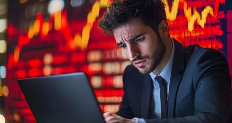 Wall Mural - Design an image of a businessman focused on his laptop, with a background showing a market graph in decline. Make sure the composition includes plenty of copy space for various applications.