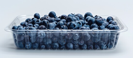 Aufkleber - A natural mound of freshly picked blueberries in a Polyethylene terephthalate PET plastic container on a white background with copyspace Low in fat and calories for weight management