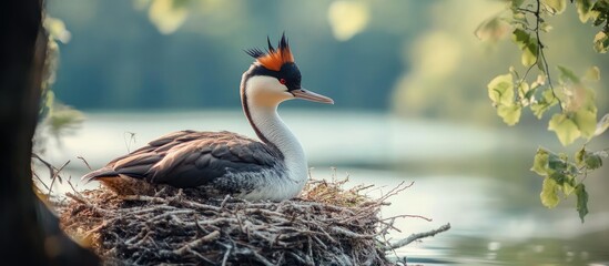 Poster - Close up of a great crested grebe on a nest at a lake. with copy space image. Place for adding text or design
