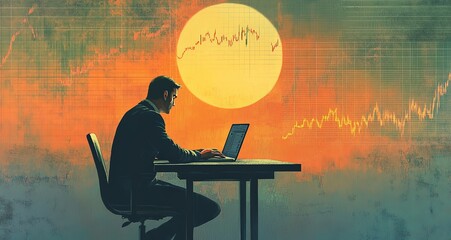 Wall Mural - Create an image of a businessman at a desk with a laptop, set against a backdrop of a graph displaying market decline. Ensure the image has sufficient copy space for text and additional elements.