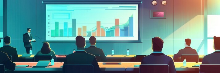 Poster - A professional presents financial insights to an attentive audience in a contemporary conference room, using visual aids for better understanding. Generative AI