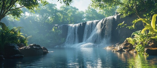 Wall Mural - A large waterfall located in the heart of the forest with copyspace