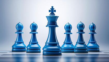 A competition of strategy and skill using 3D rendered blue chess pieces on a pale background.