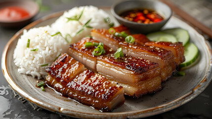 A plate of crispy pork belly served with fluffy steamed rice , garnished with cucumber slices and a side of spicy dipping sauce